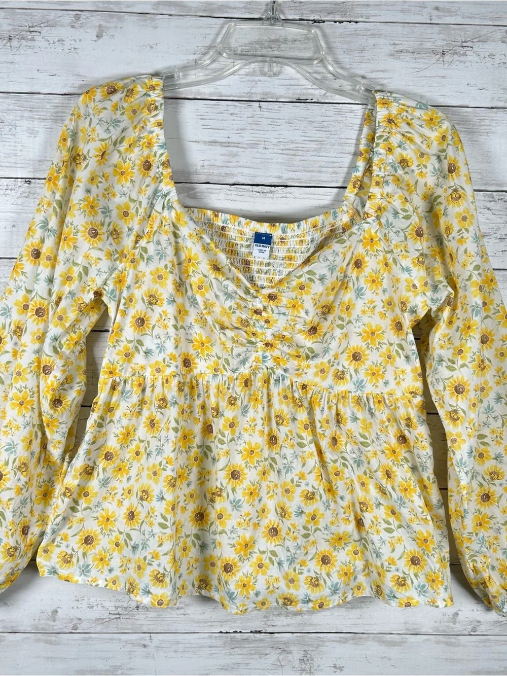 Old Navy Yellow Sunflower Shirred Babydoll Cotton Blouse Top M